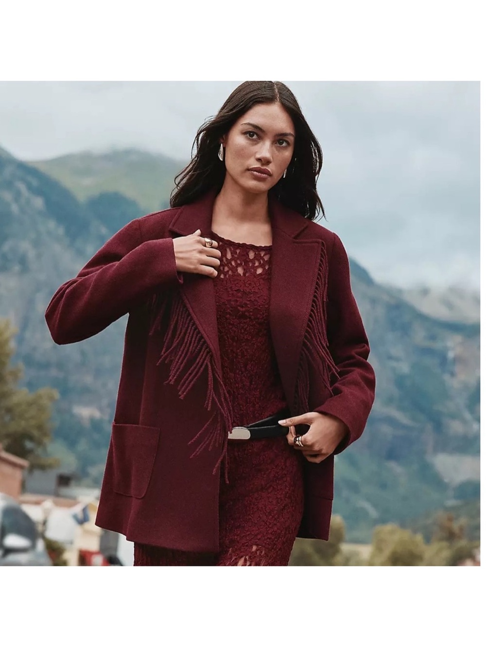 Loft Fringe-Trim Wool-Blend Blazer Jacket in Burgundy L, NWT - Picture 2 of 5